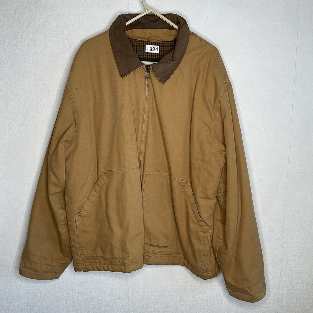 Vintage Timberland Tan/ Brown Chore Jacket Barn Coat Men's XL Leather Collar Y2K